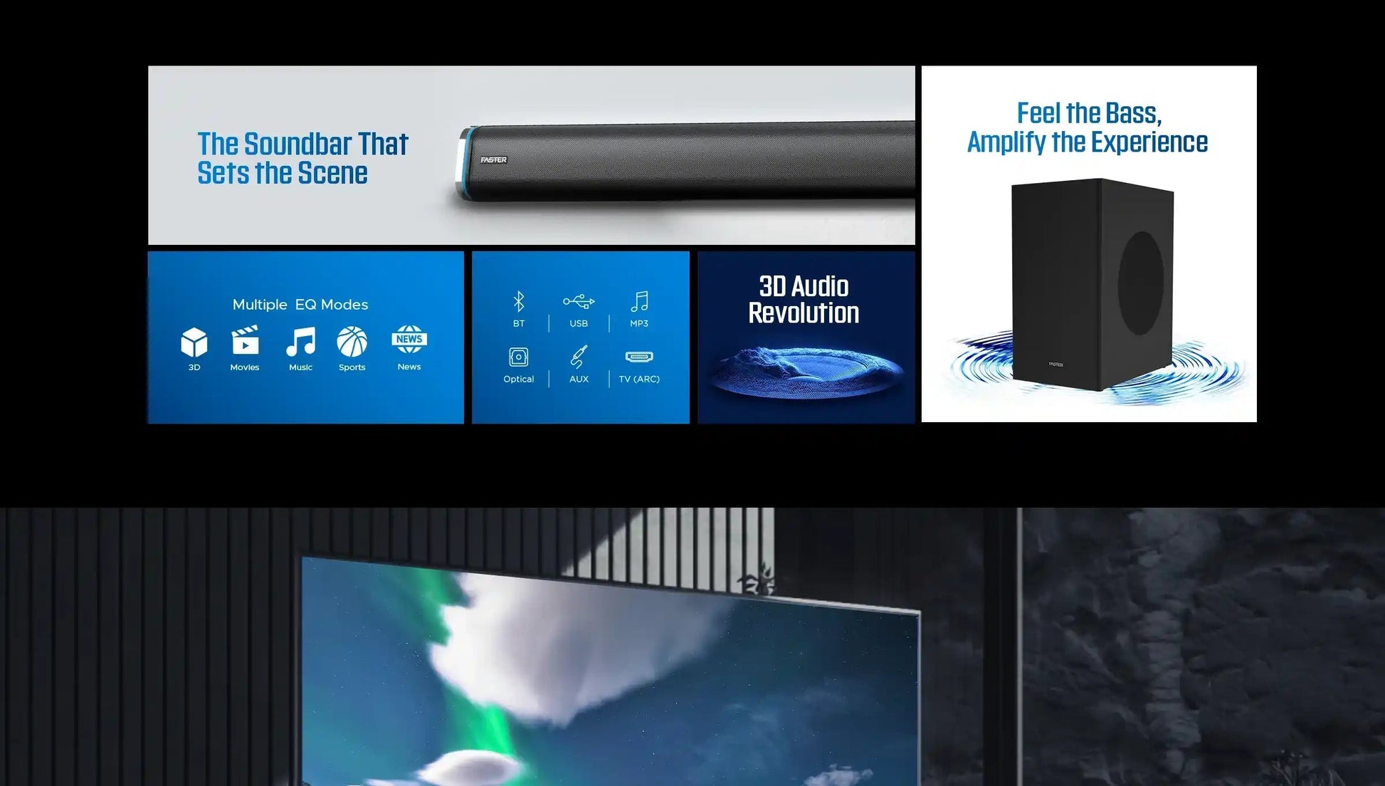 Faster Theater Pro Soundbar – 160W RGB T3000 PK Tech